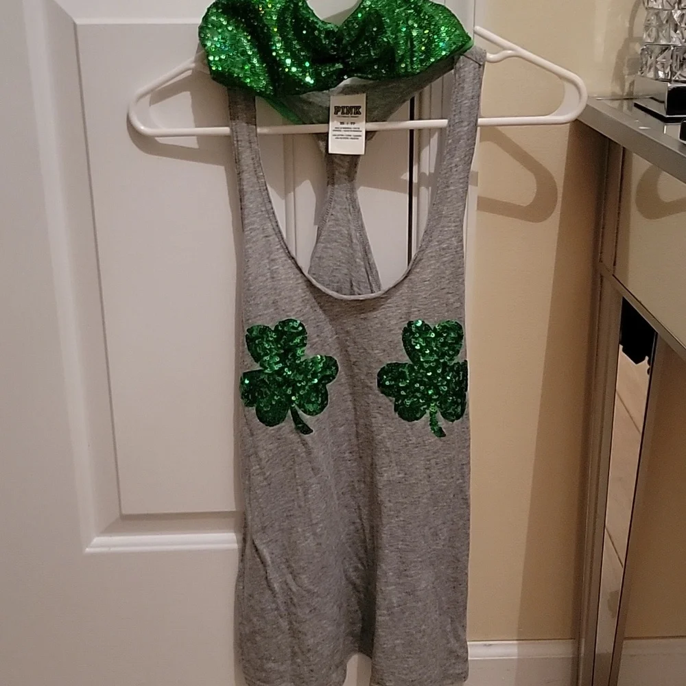 PINK Victoria's Secret Gray Tank Top With Green Sequin Shamrocks. XS. Bralette S - Picture 1 of 16